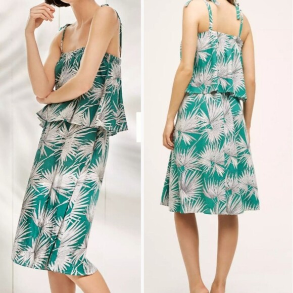 Anthro HD In Paris "Fanned Palm Dress" Palm Leaves Midi Tiered Rayon Linen NWT - Picture 1 of 12